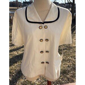 White Two-Tone Nautical Inspired Sailor Blouse W/Gold Buttons L. Fashions Vintag